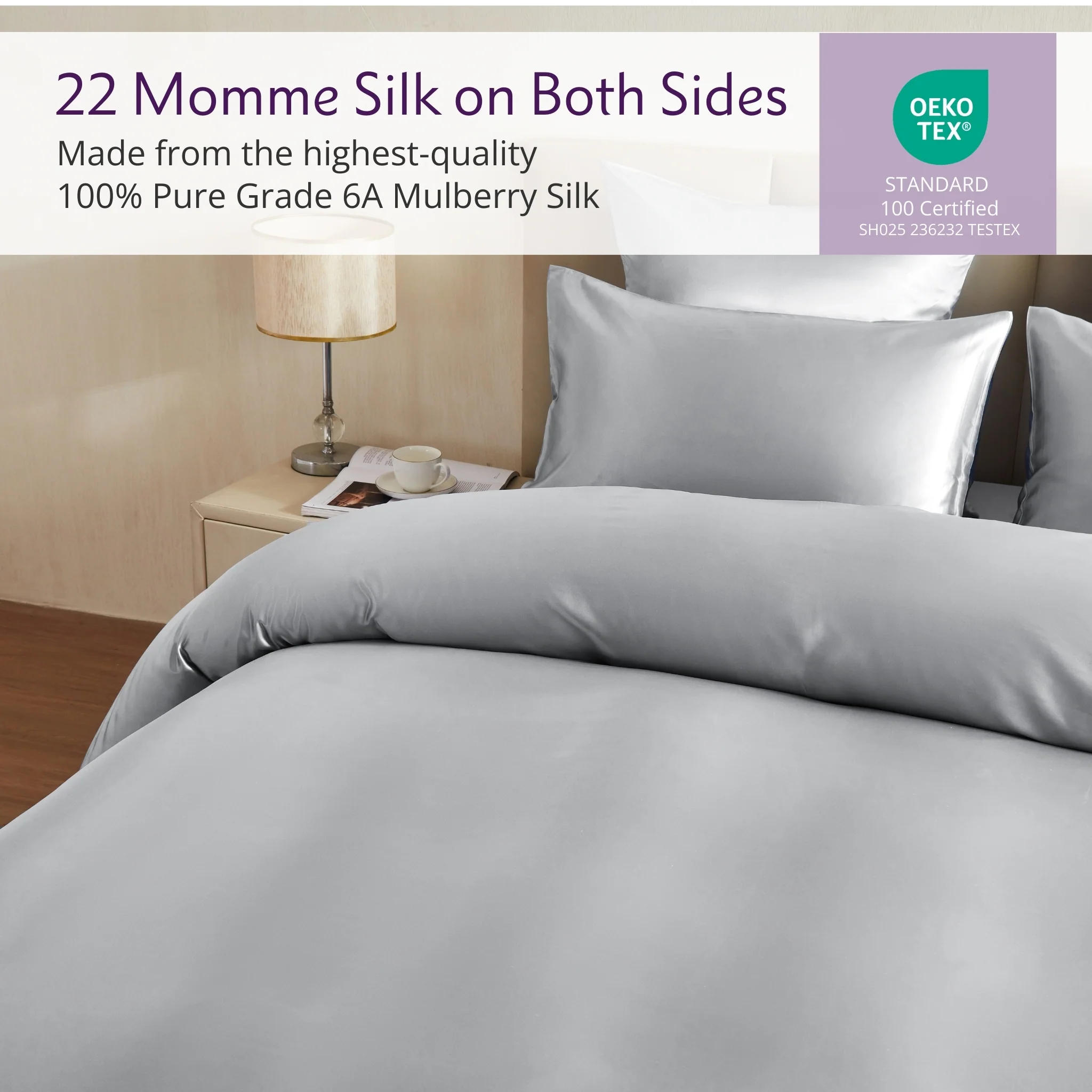 22 Momme Silk Duvet Cover - Silver - Image 4
