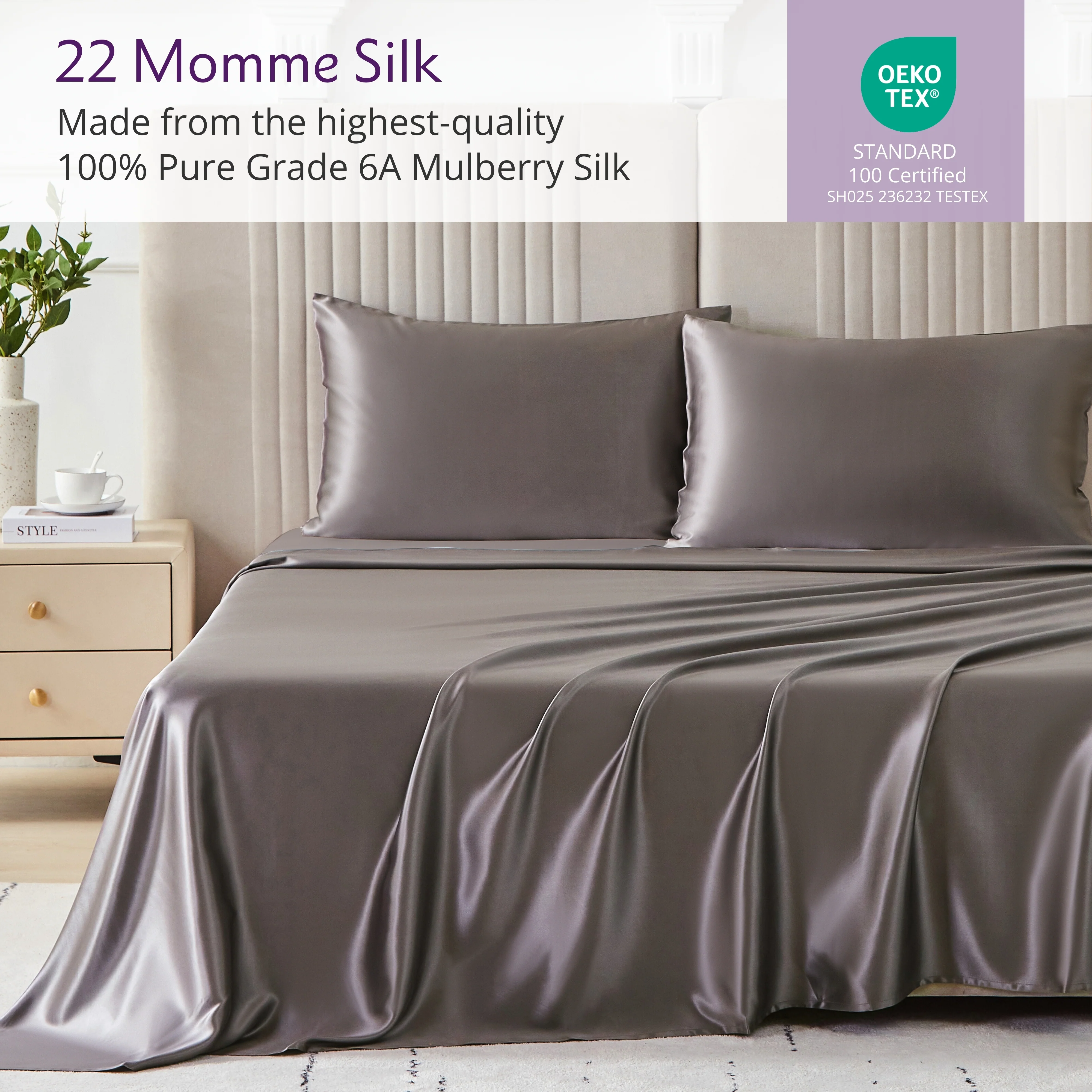 22 Momme Silk Sheet Set - Gunmetal - Image 4