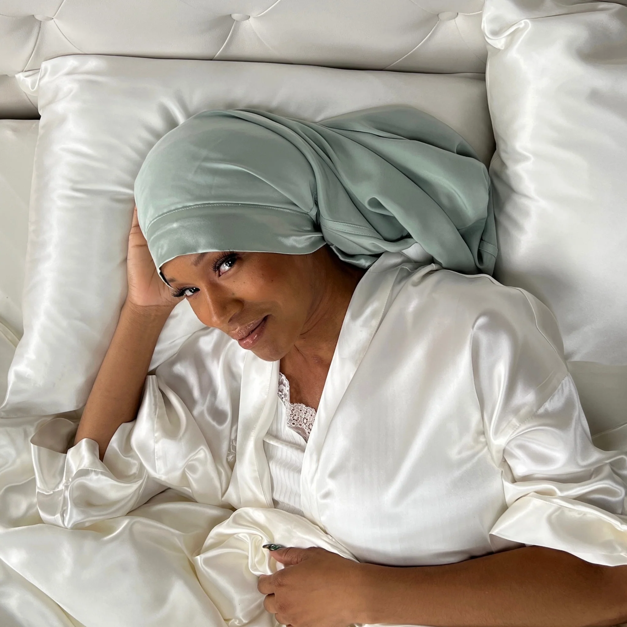 Silk Long Hair Reversible Bonnet - Sage - Image 10