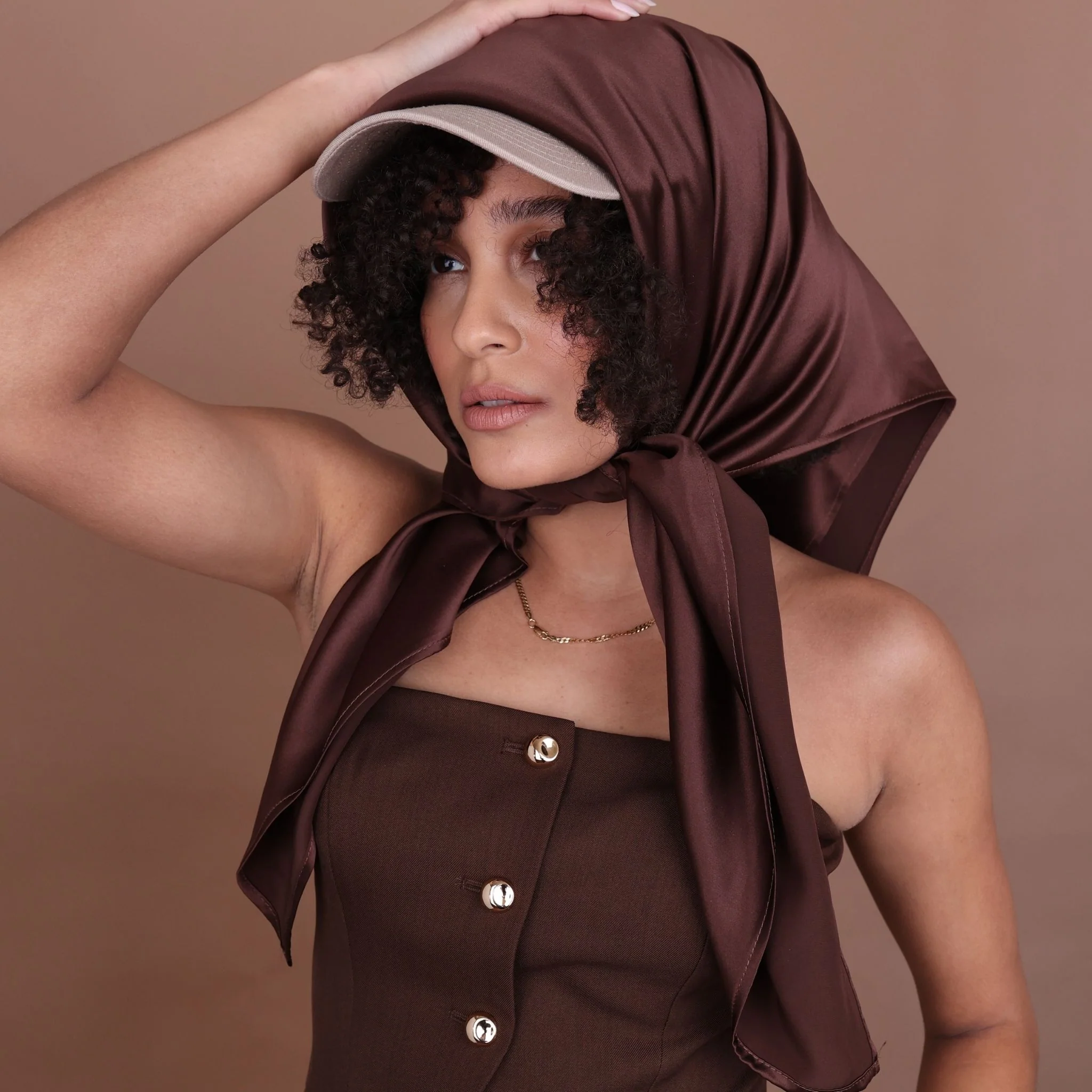 Silk Square Head Scarf - Chocolate - Image 2