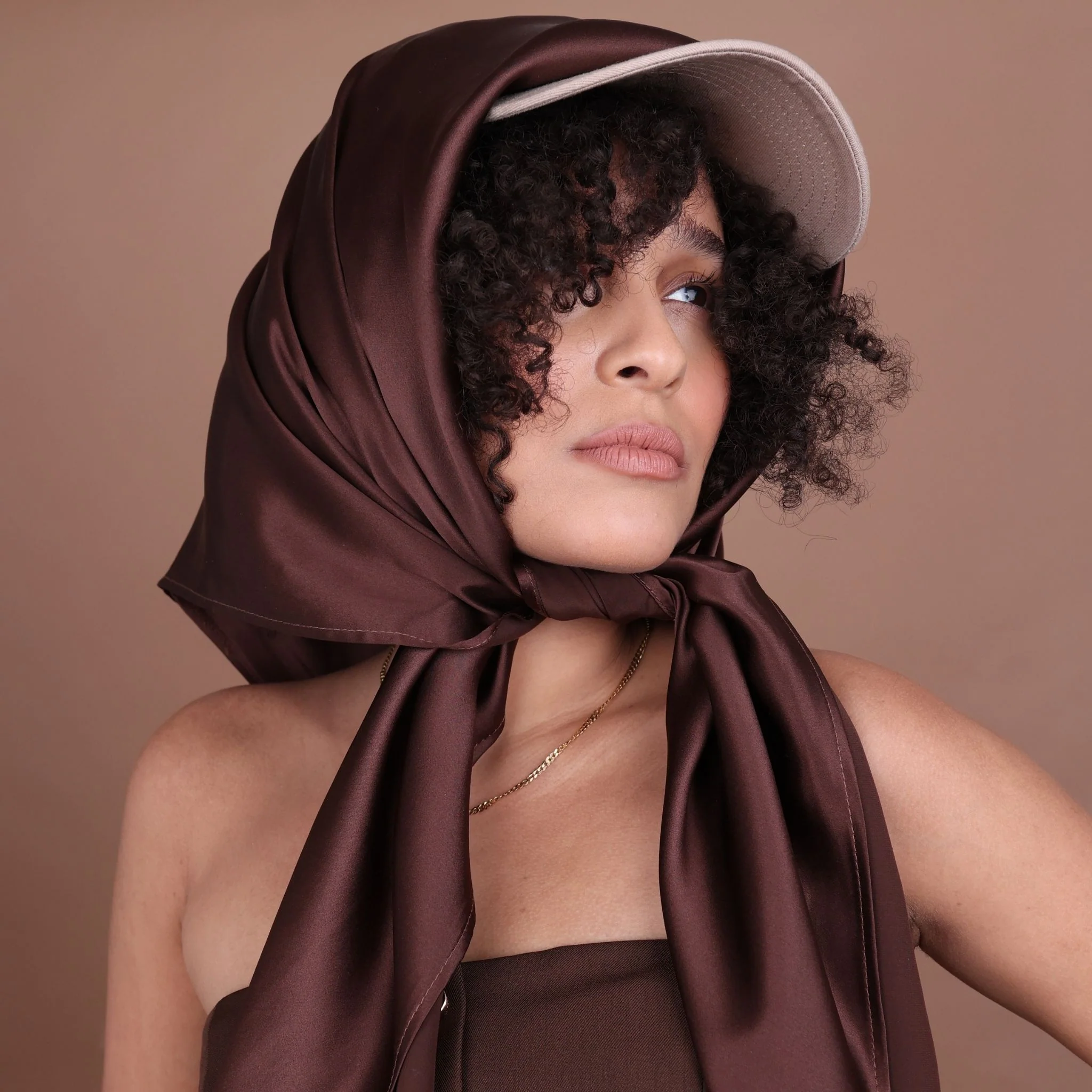Silk Square Head Scarf - Chocolate - Image 6