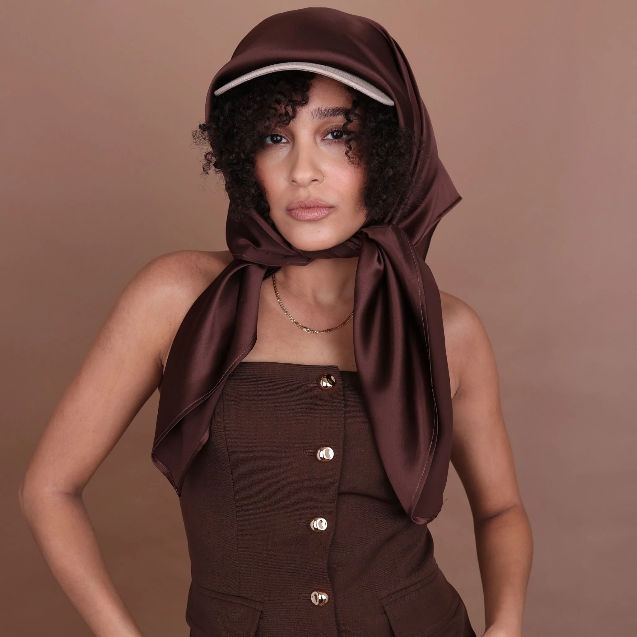 Silk Square Head Scarf - Chocolate - Image 7