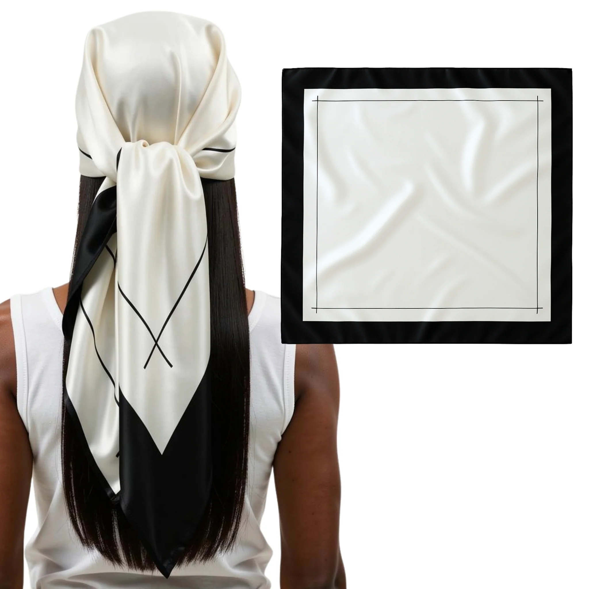 Silk Square Head Scarf - Black/Ivory