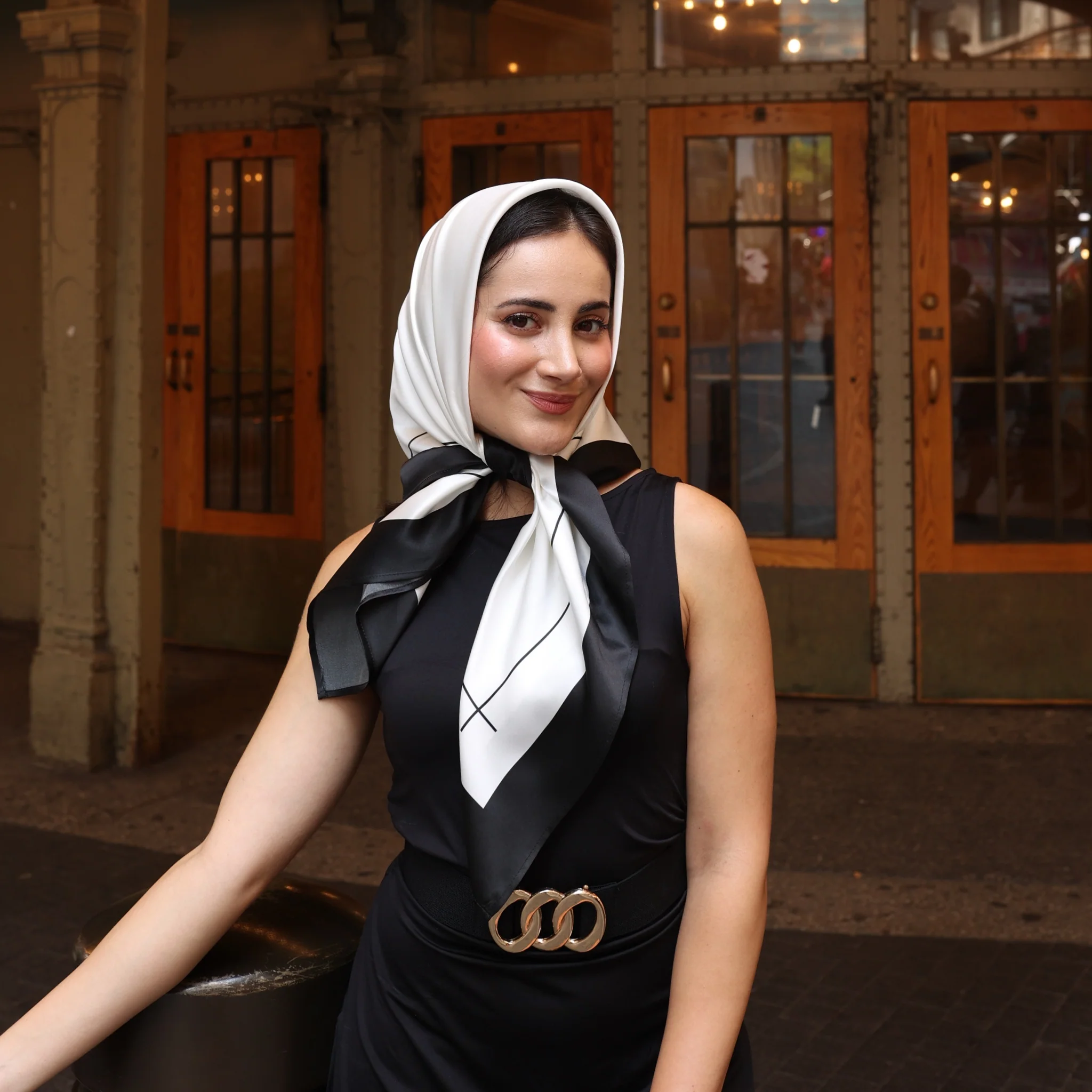 Silk Square Head Scarf - Black/Ivory - Image 2