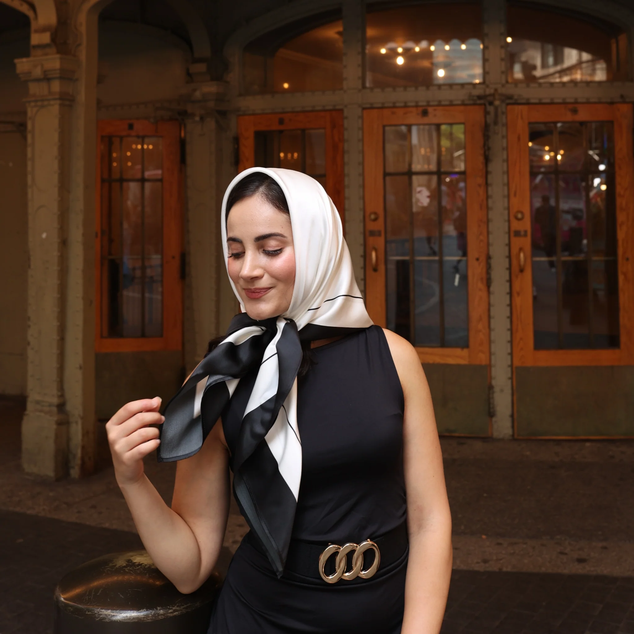 Silk Square Head Scarf - Black/Ivory - Image 9