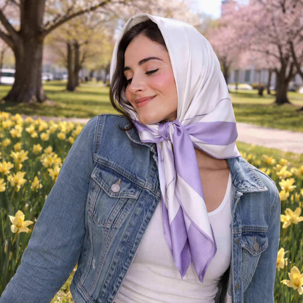 Silk Square Head Scarf - Lilac/Ivory - Image 2