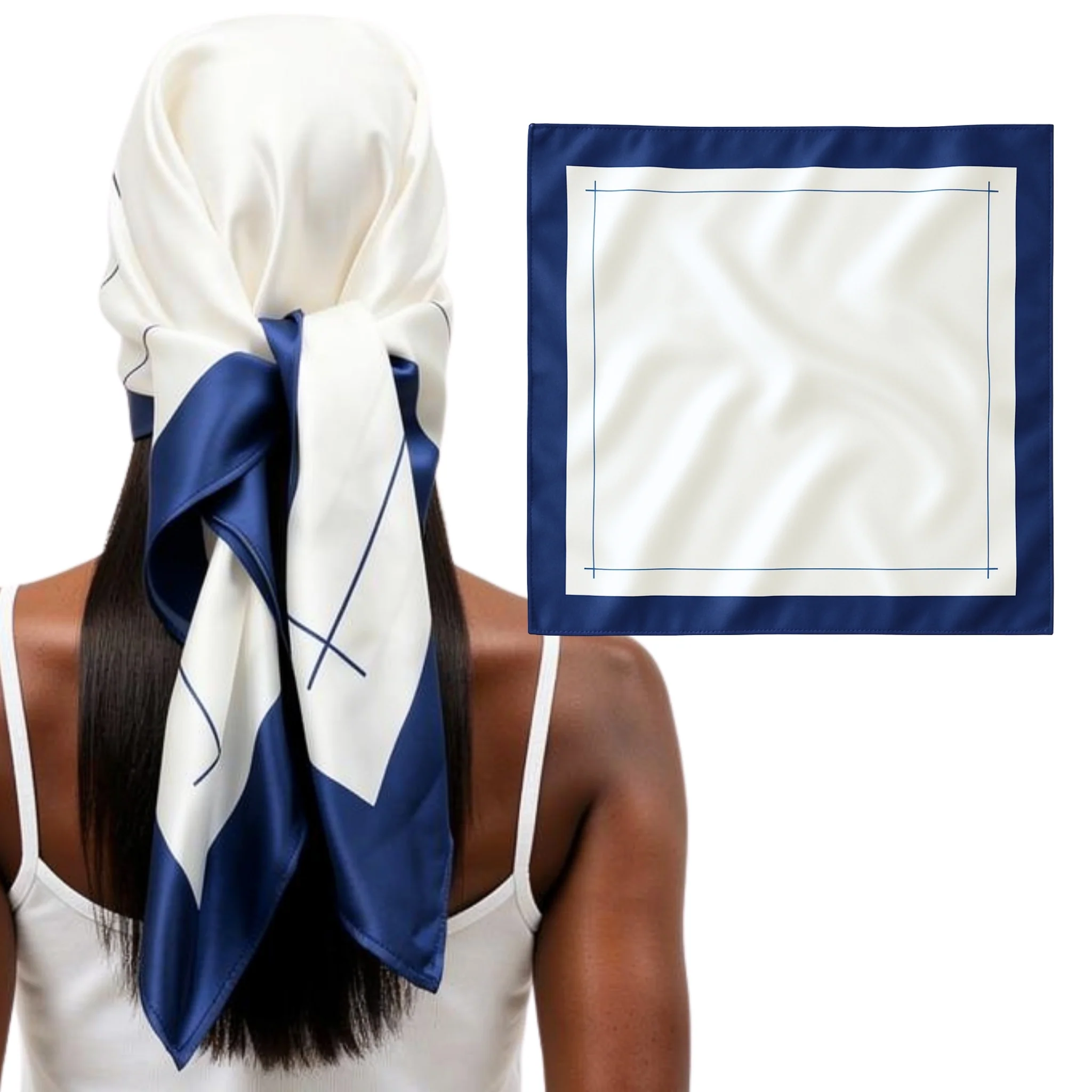 Silk Square Head Scarf - Navy/Ivory