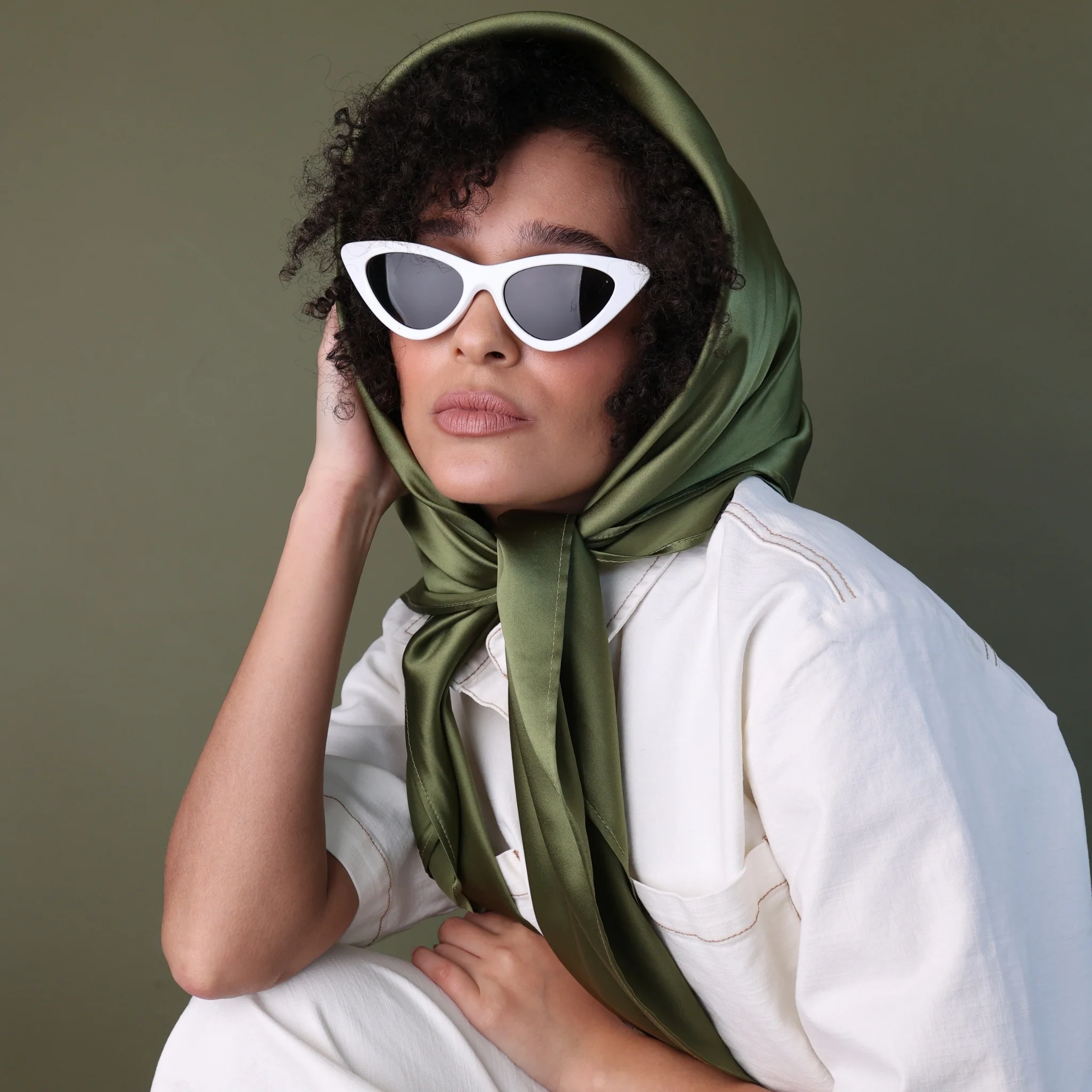 Silk Square Head Scarf - Olive - Image 2