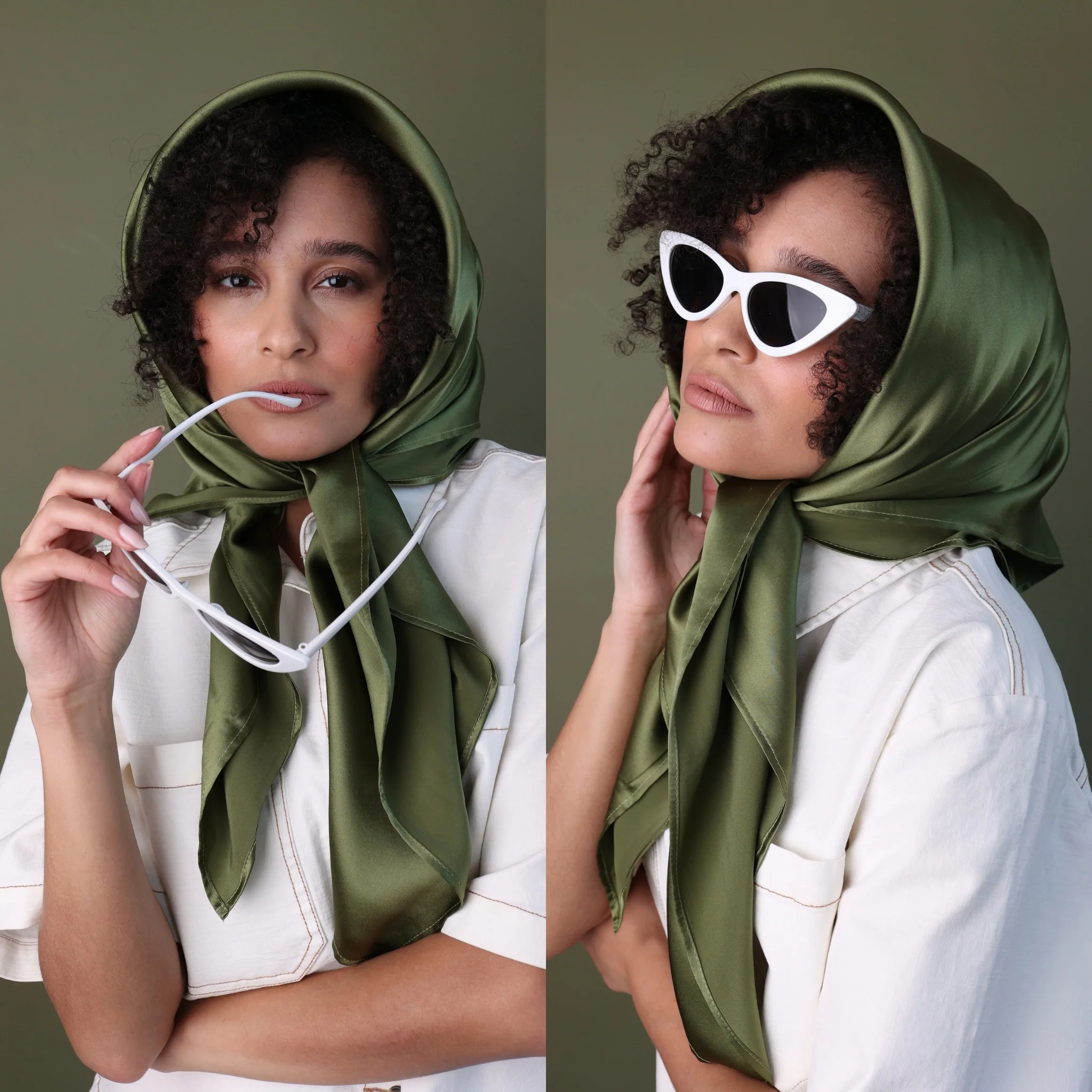 Silk Square Head Scarf - Olive - Image 6
